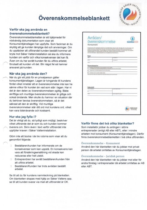 Scannad bild av en överenskommelseblankett för säker vatteninstallation.