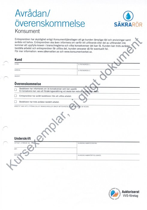 Skannad bild av blankett för avrådan/överenskommelse från auktoriserat VVS-företag.