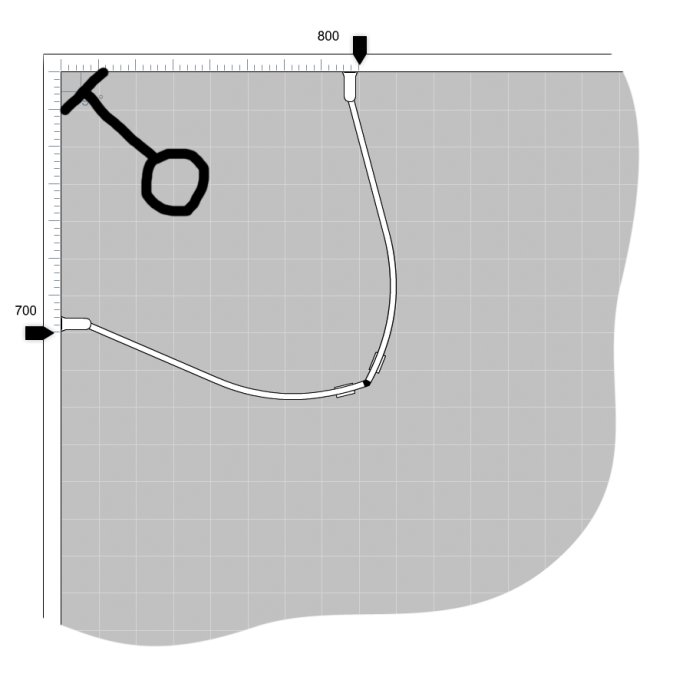 Ritning av ett hörnbadrum med böjda duschväggar och dimensioner angivna.