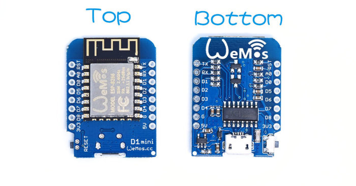 Wemos D1 mini mikrokontroller med ESP8266, USB-port synlig, både topp- och bottenvy.