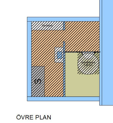 Skiss av övre plan med markerade boarea och biarea enligt SS 21054:2009, inklusive trappa och sovplats.