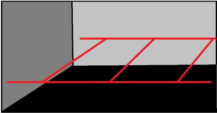 Schematisk illustration av väggstöttor anordnade diagonalt mellan golv och vägg, tänkt för renovering.