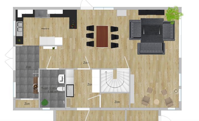 Översikt av en husritning som visar placering av kök, vardagsrum och tvättstuga med inredningsföremål och vita zoner för renoveringsplanering.