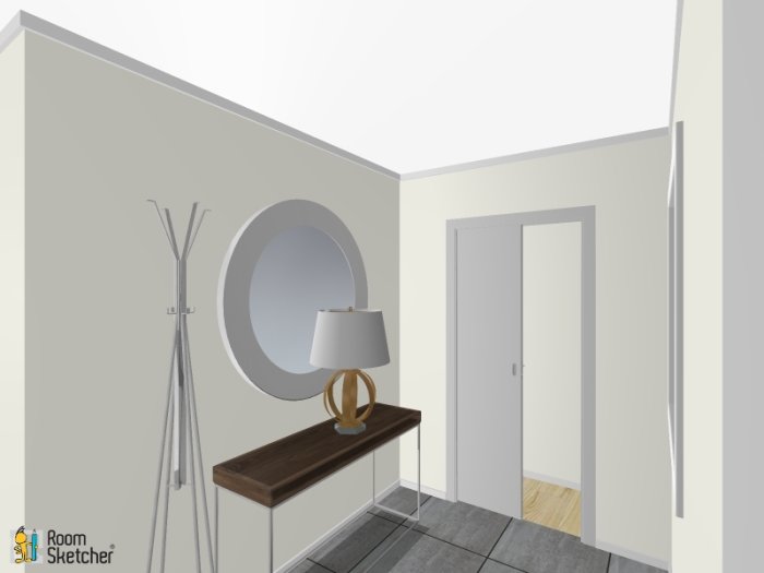 3D-ritning av en hall med konsolbord, spegel och klädhängare, dörr till annat rum i bakgrunden.