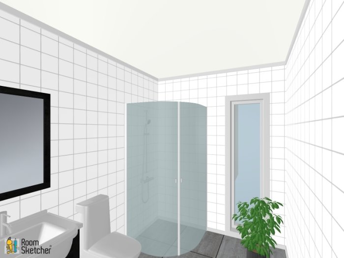 3D illustration av ett modernt badrum med duschhörna, toalett, handfat och en grön växt.