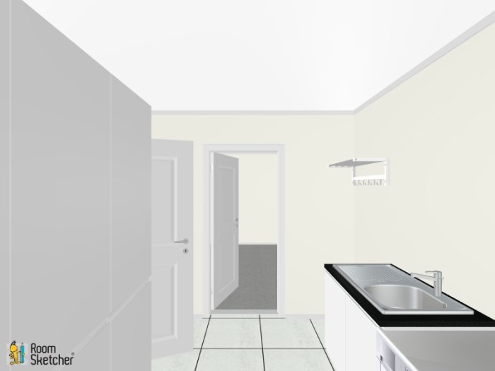 3D-modell av en köksinteriör med synlig diskbänk och två dörrar, en som leder till hallen.