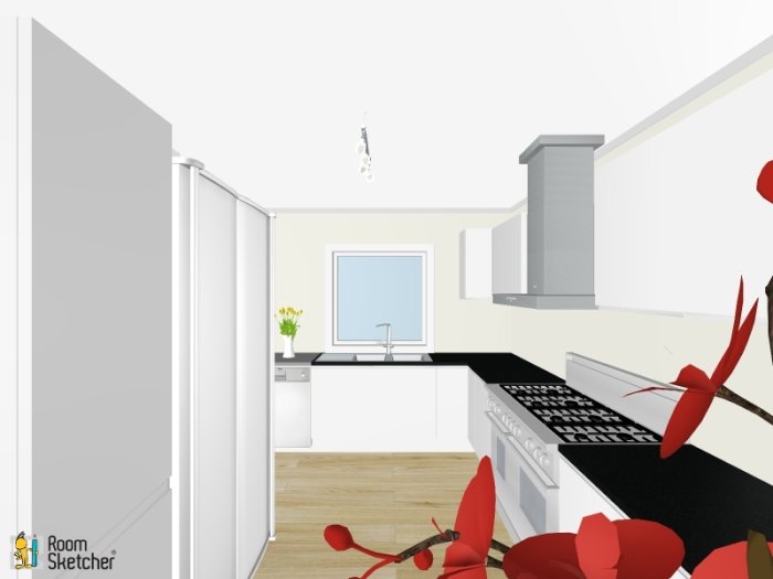 3D-modell av ett modernt kök med vita skåp, svarta bänkskivor och trägolv.