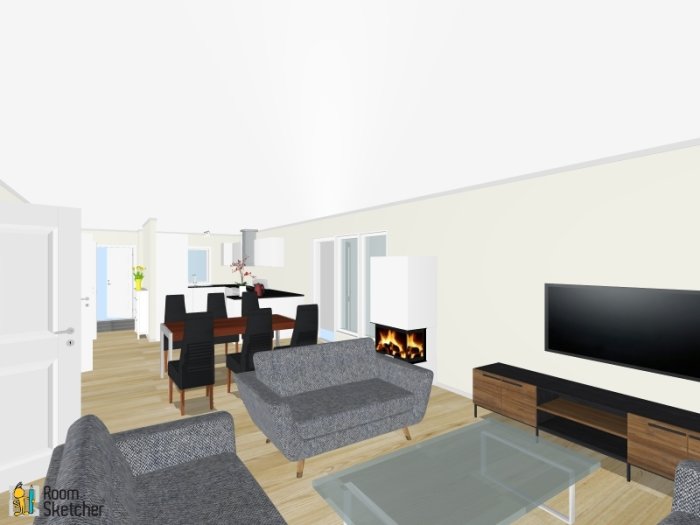 3D-ritning av en nedervåning med vardagsrum, matplats, kök i bakgrunden och öppen spis.