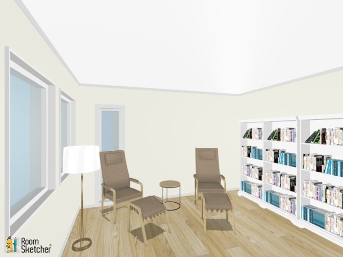 3D-ritning av ett vardagsrum med två stolar, sidobord, golvlampa och bokhylla.