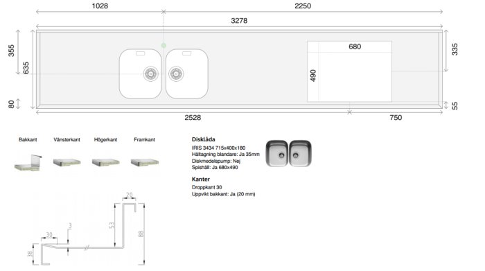 Ritning med mått för installation av diskbänk och häll i IKEA-kök, inklusive överhäng och urtag.