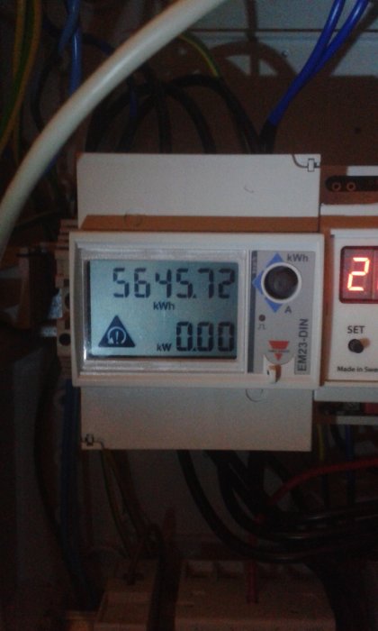 Digital elmätare som visar 56457.72 kWh med nollställd dagförbrukning i ett elskåp.