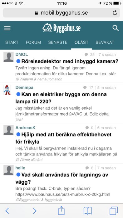 Skärmdump av en forumtråd på Byggahus.se med diskussion ämnen och användarkommentarer.