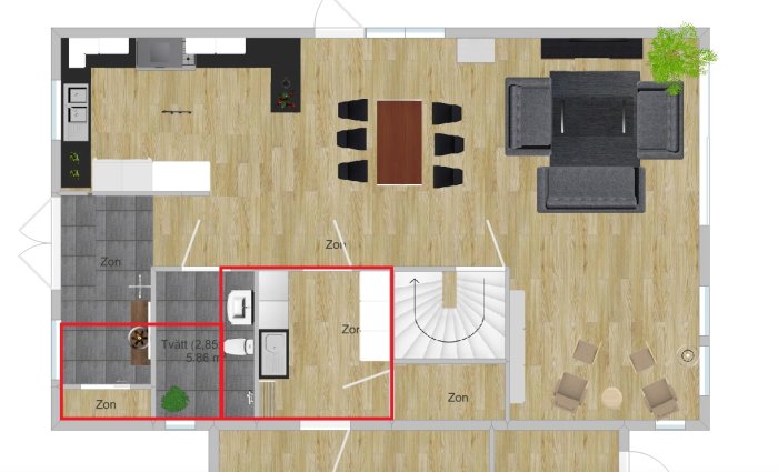 Ritning av en bostadsplan med markerade förslag på förändringar, inklusive vinklad toalett och större tvättstuga.