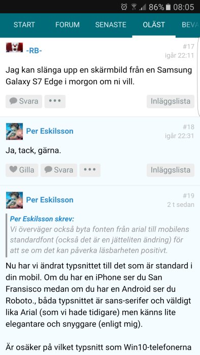 Skärmdump av diskussionstråd om typsnitt på mobil, med text och användarkommentarer.