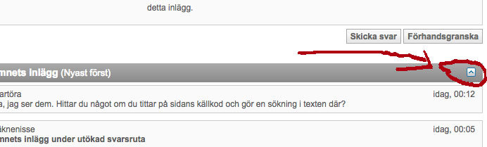Skärmdump av forum med röd pil som pekar på en liten piliknande ikon intill en diskussionstråd.