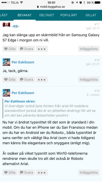 Skärmdump av en diskussionstråd på ett byggforum med kommentarer om typsnittsändringar i mobilt gränssnitt.