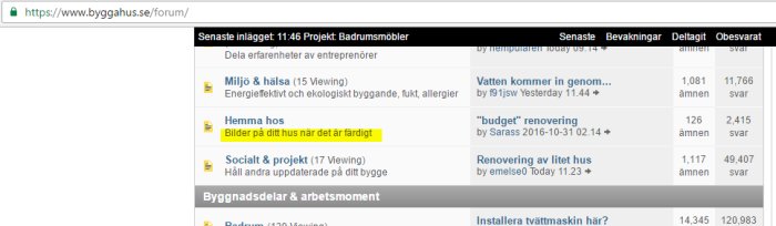 Skärmdump av ett forum där tråden "Bilder på ditt hus när det är färdigt" är markerad.