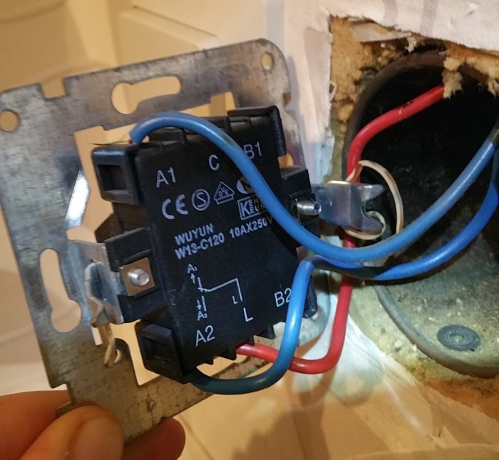 Öppen väggströmbrytare med märkta trådar och skruvanslutningar synlig i en eldosa under installation.