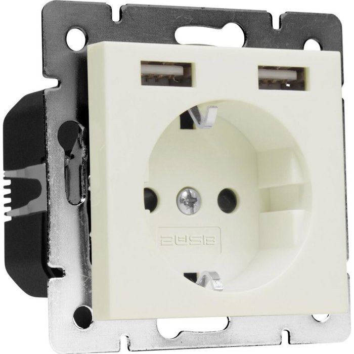 Vägguttag med integrerade USB-portar bredvid konventionell stickkontakt.