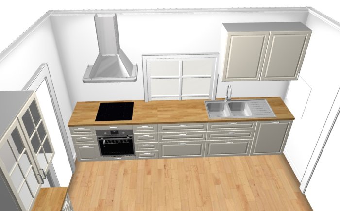 3D-skiss av ett kök med 80 cm sopskåp, diskbänk, inbyggd ugn och häll, samt vägghängd fläkt.