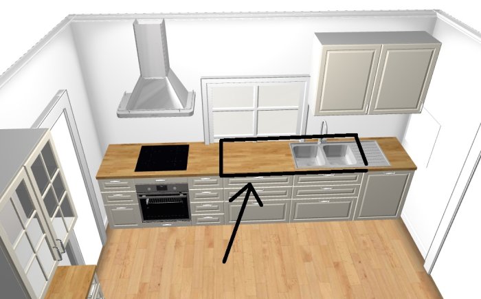 3D-rendering av ett kök med grå skåp, diskbänk, överskåp utan fläkt och infälld spishäll.