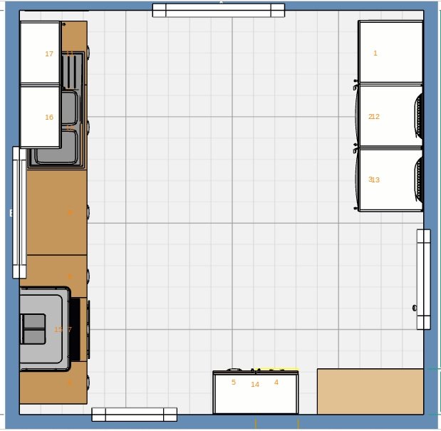 Skiss av köksplanering med 80cm sopskåp, fläktvägg, diskbänk och spisplacering.