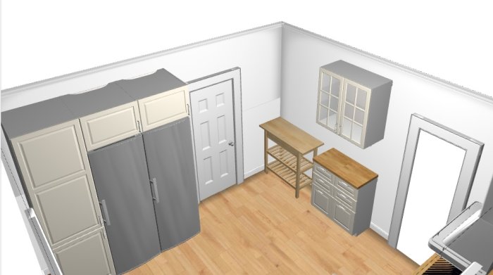 3D-skiss av ett kök med grå skåp, vitrinskåp, arbetsbänk och flera dörröppningar.