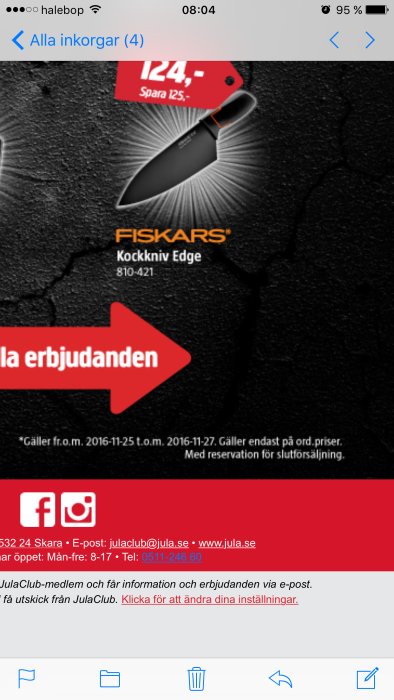 Reklambild för Fiskars kökskniv Edge med prisinformation på svart bakgrund.