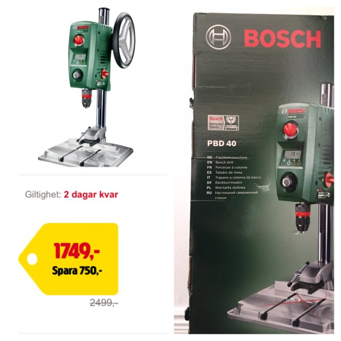 Bosch PBD 40 bänkborrmaskin med prislapp, jämfört med förpackning och erbjudande.