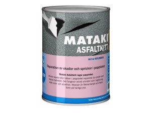 Burk med Mataki asfaltkitt för reparation av skador på asfaltprodukter.