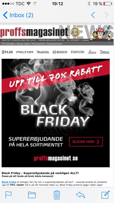 Reklame-post med "Upp till 70% rabatt" och "Black Friday" erbjudanden på Proffsmagasinet.se.