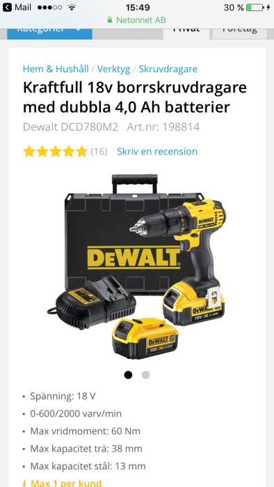 DeWalt 18V borrskruvdragare och två batterier i en väska, modell DCD780M2.