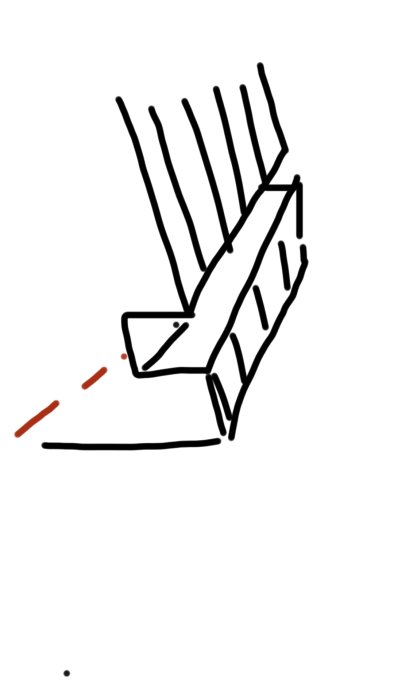 Handritad skiss av brädor i högkantsposition med markerat sågspår som illustrerar föreslaget urtag.