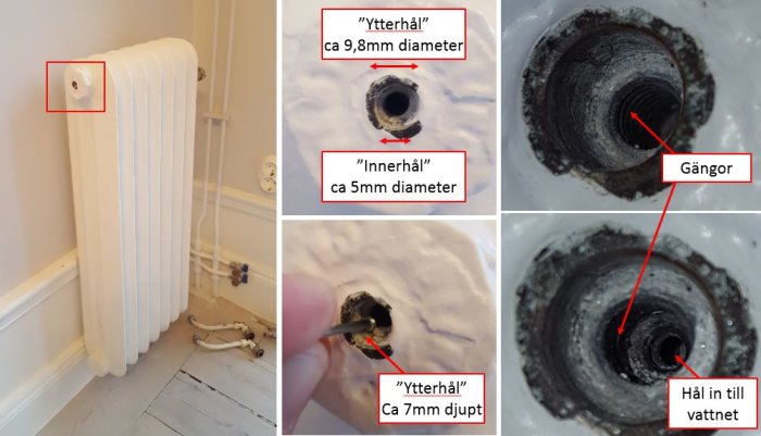 Nymålad sektionsradiator med detaljbilder av luftningsventilens hål, märkta med mått och gängor.