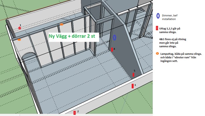 3D-ritning av ett byggnadsprojekt med markerade eluttag och planerad ny vägg med dörrar.