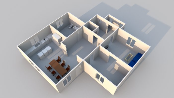 3D-rendering av en planlösning för Per-Albintorp med nytt kök och badrum.