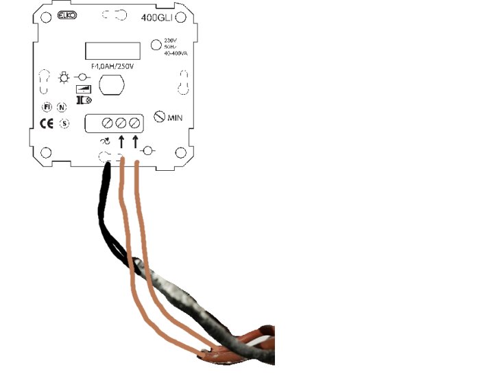 Elko 400GLI dimmeranslutningsschema med kopplade ledningar som visar befintlig installation.