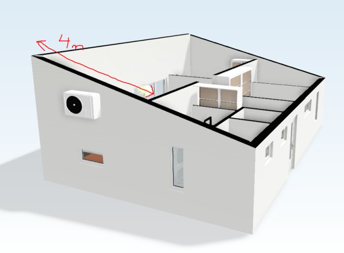 3D-modell av ett fritidshus med markerad spännvidd på 4 meter för takkonstruktion.