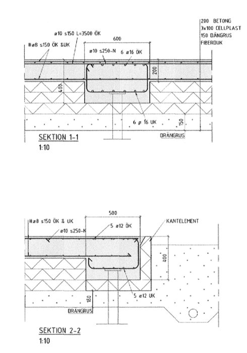 Ritningar som visar sektion 1-1 och 2-2 av överdimensionerad armerad betongplatta för tvåplansvilla.
