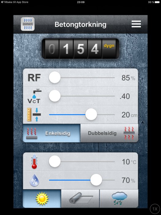 Skärmbild av appen Betongtorkning som visar 154 dygns torktid vid 10 grader Celsius.