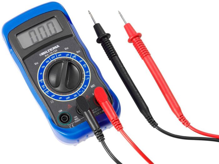 Digital multimeter med mätprob och inställningsvred, modell från Biltema.