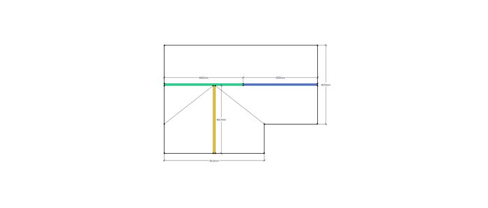 Schematisk bild av anslutning mellan primär och sekundär limträbalk med dimensioner i en byggkonstruktion.