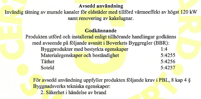 Bild på ett typgodkännande för glidgjutningsprodukt Schiedel Schälderit, med text om avsedd användning och överensstämmelse med BBR.