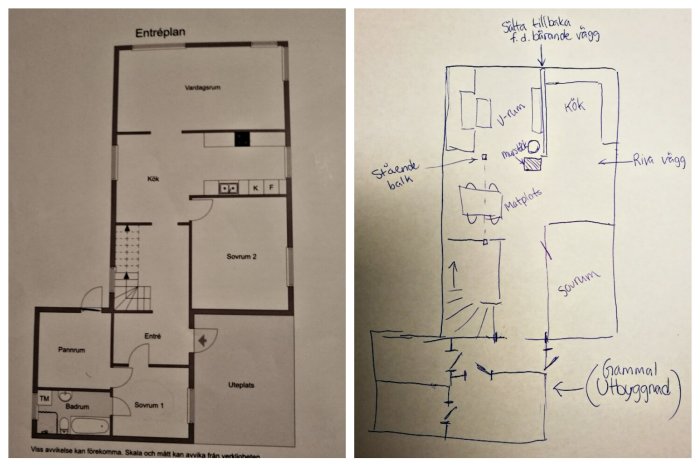 Handritad skiss och professionell planritning av en våningsplanlösning med föreslagna ändringar markerade.