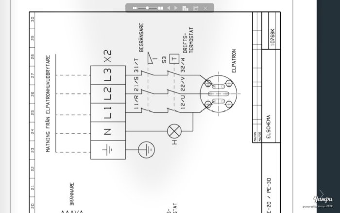 Schematisk bild av en elinstallation med markerade ledningar, elpatron, kontrollampa och strömbrytare.