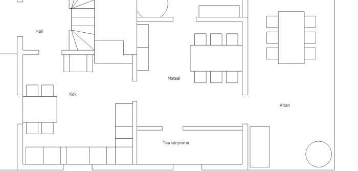 Ritning av en husplan med markerade rum som kök, matsal, hall och toalettutrymme, samt möblering och altanutgång.