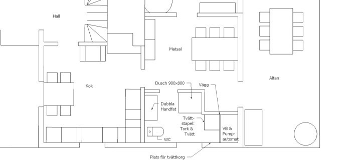 Ritning av ett hus med planlösning för badrum, tvättstuga och kök inklusive dusch, toalett och utrymme för vitvaror.