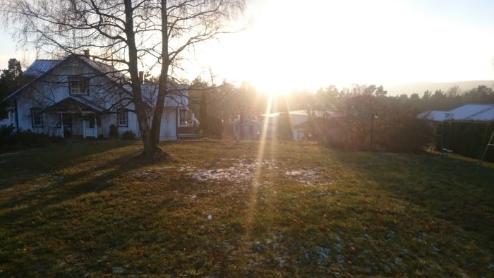 Vinterutsikt över en trädgård med tunt snötäcke och ett vitt hus i motljus med solen som silas genom träden.