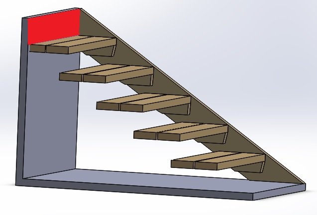 3D-modell av trappa med översta trappsteget blockerat av en rödmålad bräda.