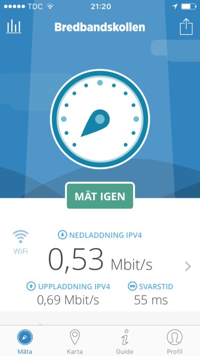 Skärmdump av Bredbandskollen-appen som visar dålig uppkoppling med 0,53 Mbit/s nedladdning och 0,69 Mbit/s uppladdning.